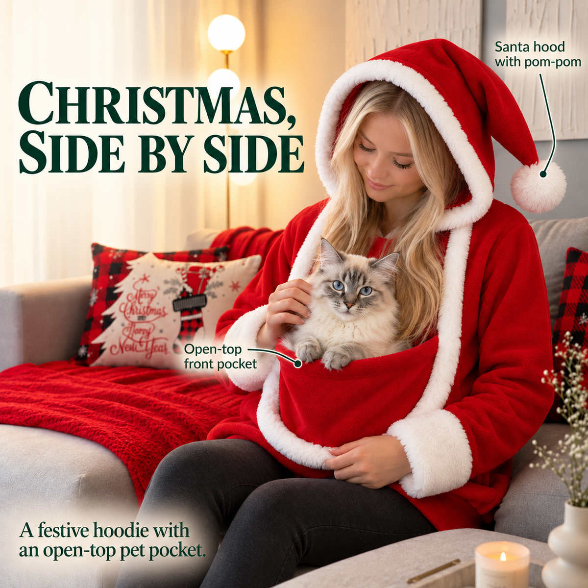 Christmas, side by side: SANTAPAWS Santa-style hoodie with an open-top front pet pocket.