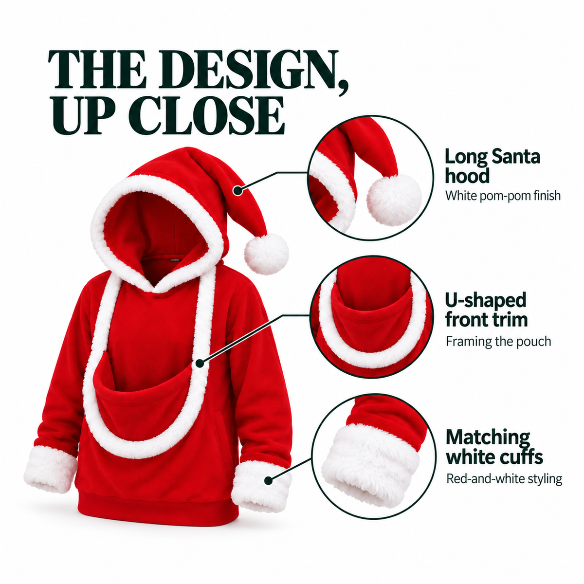 SANTAPAWS hoodie details on a white background: long Santa hood, white pom-pom, U-shaped front trim and white cuffs.