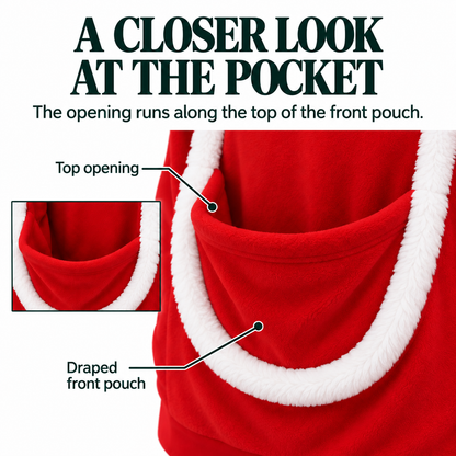 Close-up infographic on a white background showing the SANTAPAWS pouch opening along the top and white U-shaped trim.