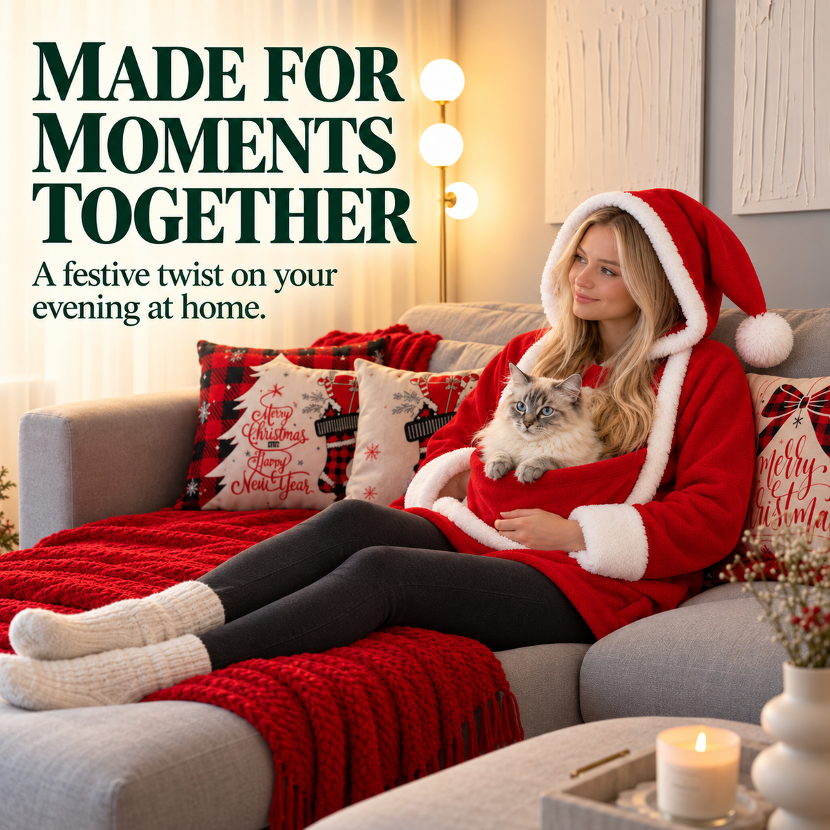 SANTAPAWS Christmas hoodie styled for moments at home together with a pet.